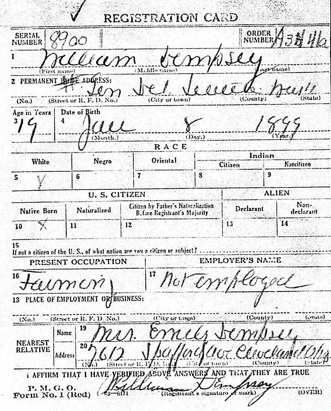 This portion of William Dempsey’s undated draft registration card, which contains false information, was probably completed in early 1918. (Image provided by ancestry.com website)
