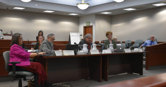 The Alaska Judicial Council listens to public testimony during the public hearing held as part of the selection process for a new Kenai Superior Court Judge on Monday, Jan. 23, 2023, at the Kenai Courthouse in Kenai, Alaska. Members include (from left to right) Geraldine Simon, Lynne Gallant, Dave Parker, Chief Justice Daniel E. Winfree, Kristie Babcock, Patricia A. Collins and Jonathon Katcher. They would ultimately name Kelly J. Lawson as one of the four nominees for the role. (Jake Dye/Peninsula Clarion)