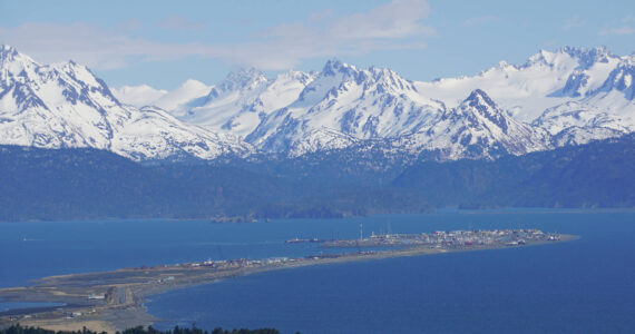 The Homer Spit and the Kenai Mountains are photographed of Monday, May 17, 2021, as seen from West Hill in Homer, Alaska. (Photo by Michael Armstrong/Homer News)