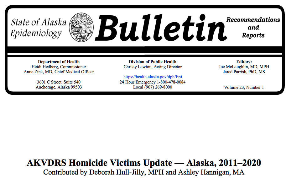 The cover of the March 20 State of Alaska Epidemiology Bulletin, “AKVDRS Homicide Victims Update — Alaska, 2011-2020” (Screenshot)