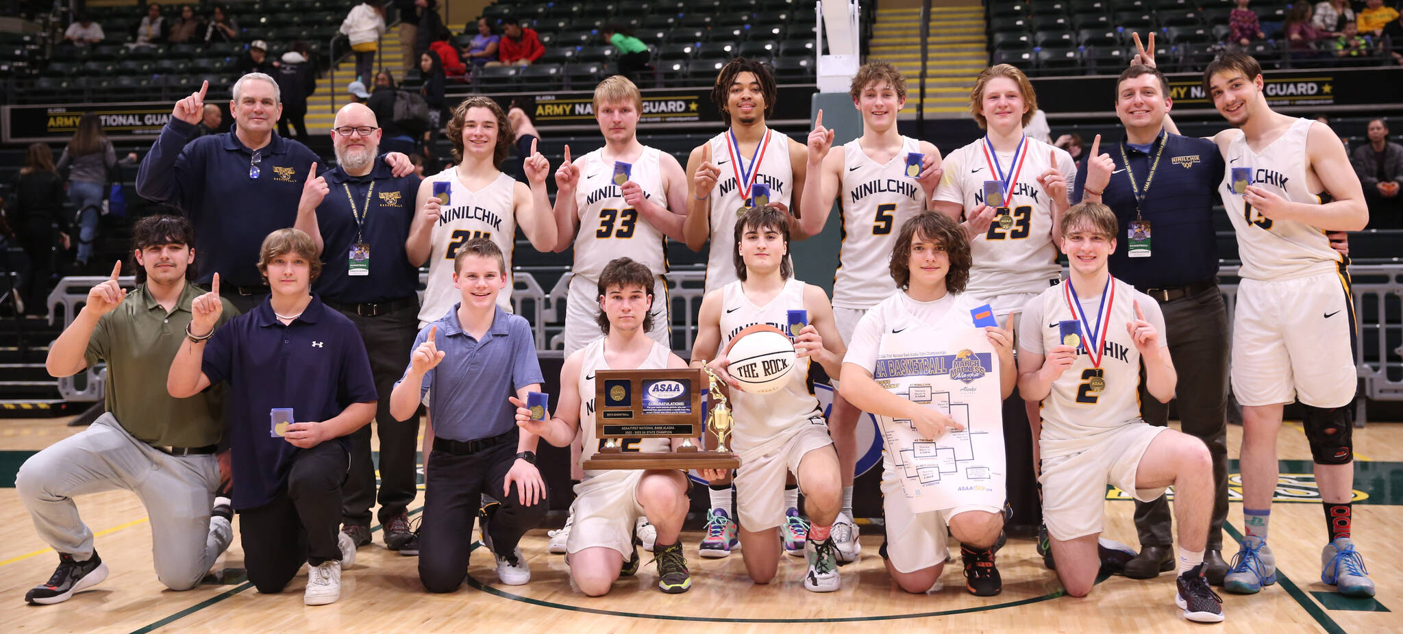 Photo courtesy of Robin Moore
The Ninilchik boys basketball team celebrates their second straight Class 2A state championship Saturday, March 18, 2023, at the Alaska Airlines Center in Anchorage, Alaska.