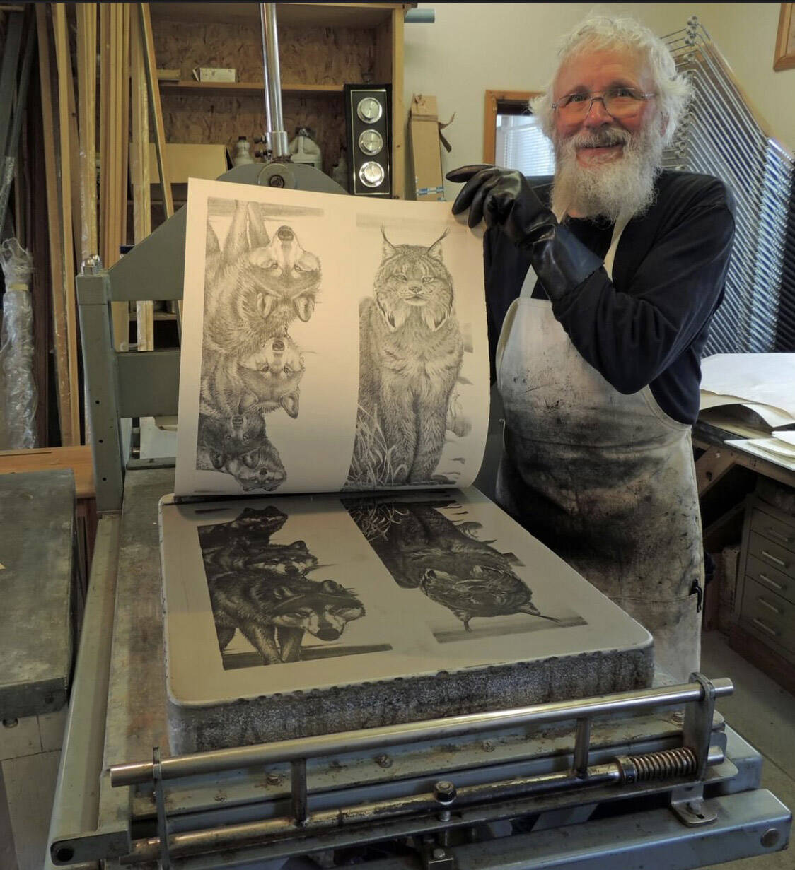 Gary Lyon creating lithographs in his home studio, 2022. (Photo provided by Gary Lyon)