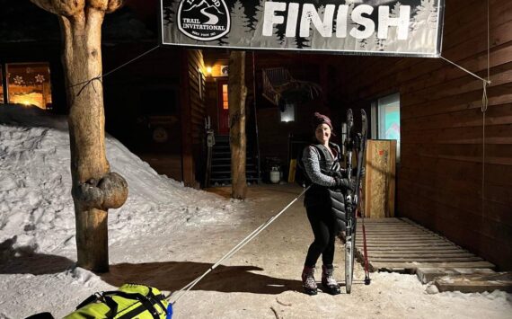 Photo provided by Jaclyn Arndt 
Jaclyn Arndt poses at the Iditarod Trail Invitational finish line <ins>on Tuesday,</ins> March 7, <ins>2023</ins> in McGrath<ins>,</ins> <ins>Alaska</ins>.