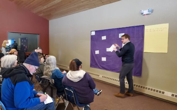 Photo by Delcenia Cosman / homer news 
South Peninsula Hospital Foundation Jeffrey Eide facilitates a small group workshop during the community conversation on housing solutions in the greater Homer area at Christian Community Church on Saturday.