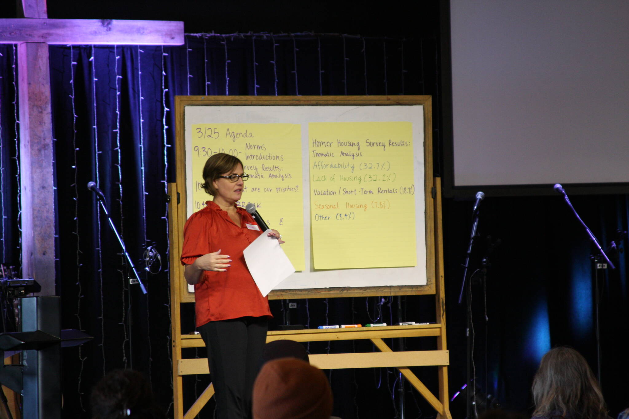 Denali Daniels facilitates the community conversation on housing solutions in the greater Homer area at Christian Community Church on Saturday. Photo by Delcenia Cosman