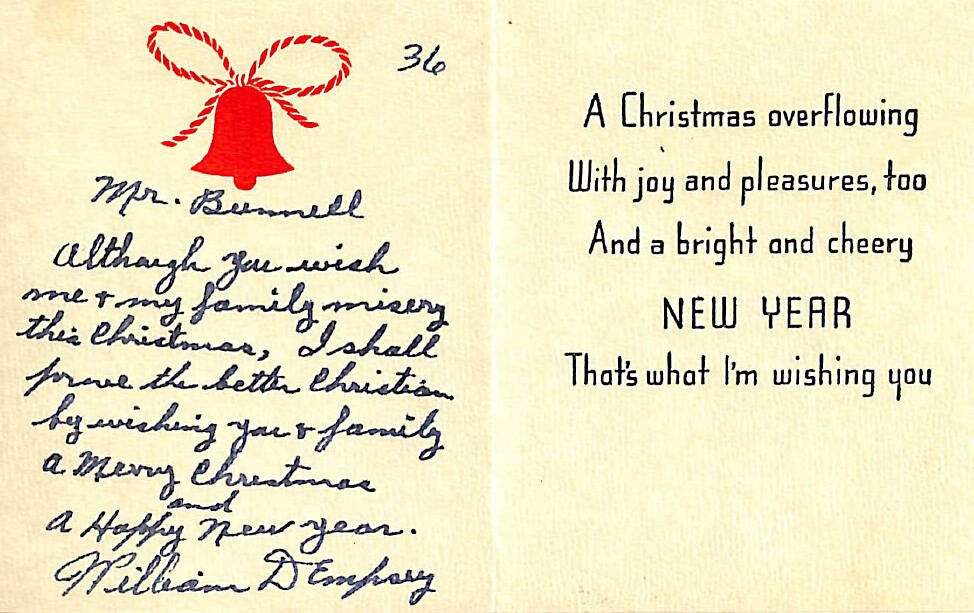 In 1936, frustrated by Charles Bunnell’s repeated denials of his requests for a recommendation of executive clemency, Leavenworth prison inmate William Dempsey sent this holiday card to Bunnell. (Image courtesy of the University of Alaska Fairbanks archives)