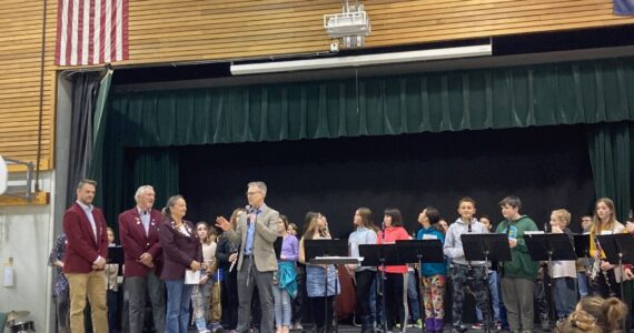 Sixth grade band and Homer Elks Club Members at West Homer Elementary on March 30, 2023, in Homer, Alaska. (Photo provided by Mercedes Harness)