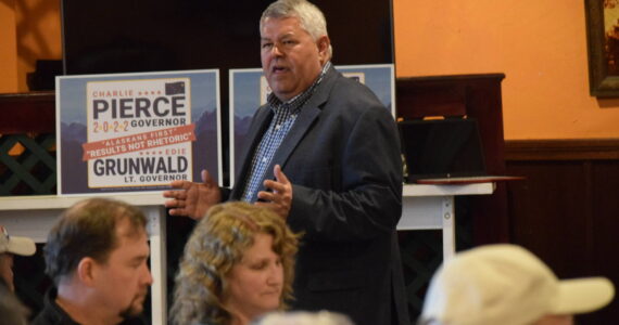 Alaska Gubernatorial candidate Charlie Pierce speaks at a campaign event at Paradisos restaurant in Kenai on Saturday, March 5, 2022. (Camille Botello/Peninsula Clarion)
