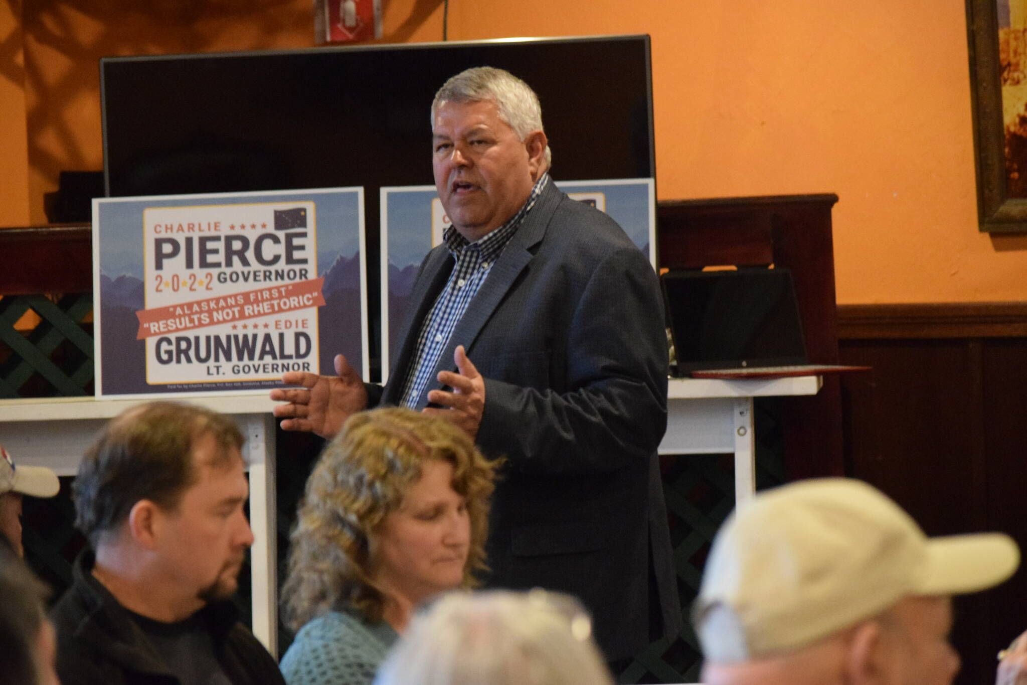 Alaska Gubernatorial candidate Charlie Pierce speaks at a campaign event at Paradisos restaurant in Kenai on Saturday, March 5, 2022. (Camille Botello/Peninsula Clarion)