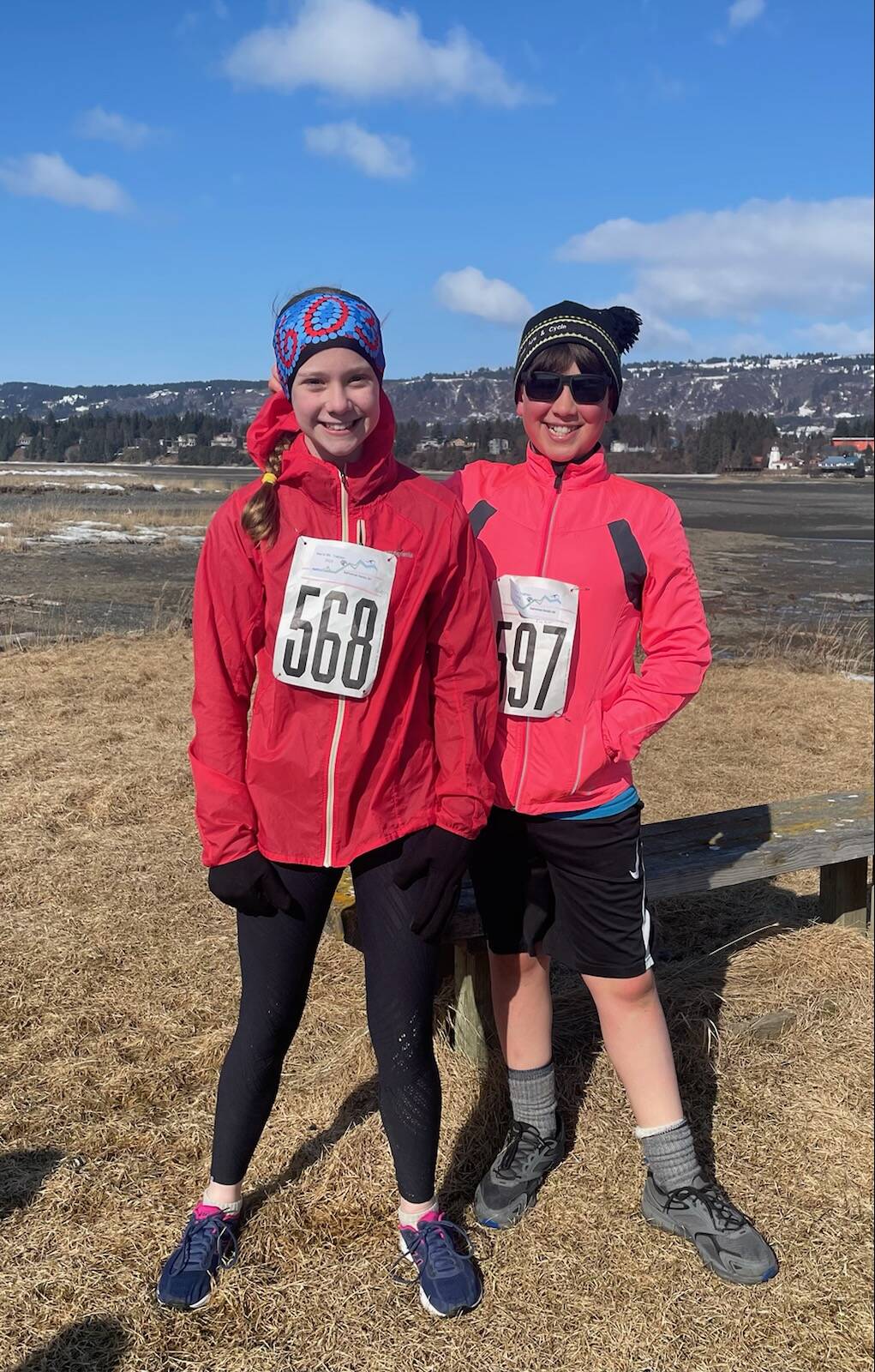 Fischer Spurkland and Boden Green pose before the start of Homer Sea to Ski on Sunday<ins>, April 2, 2023</ins>. (Photo by Emilie Springer/Homer News)