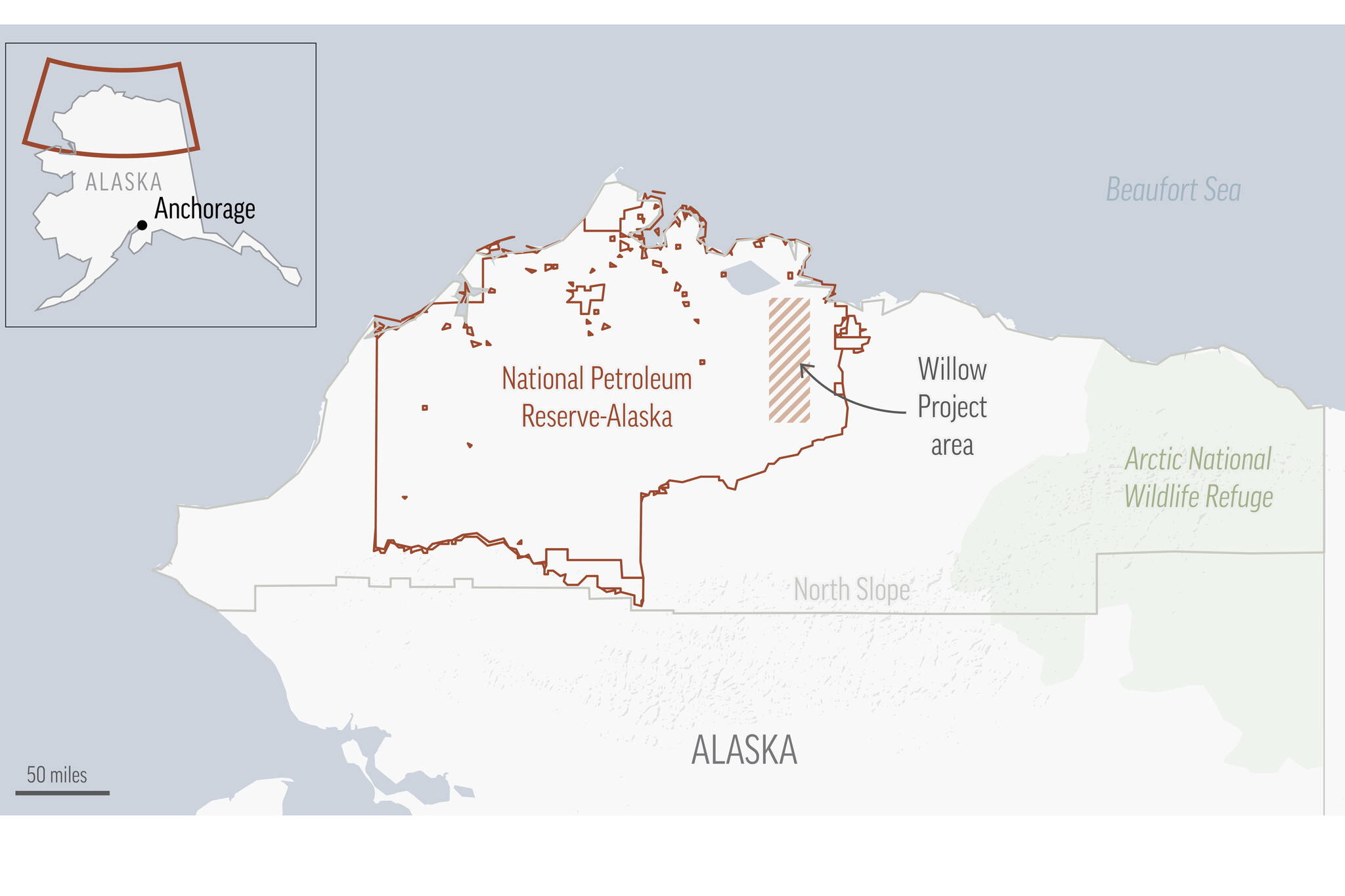 A map shows the location of the Willow oil field project in the National Petroleum Reserve-Alaska, where more than 200 drills are scheduled to be drilled during a 30-year period if approved. (The Associated Press)