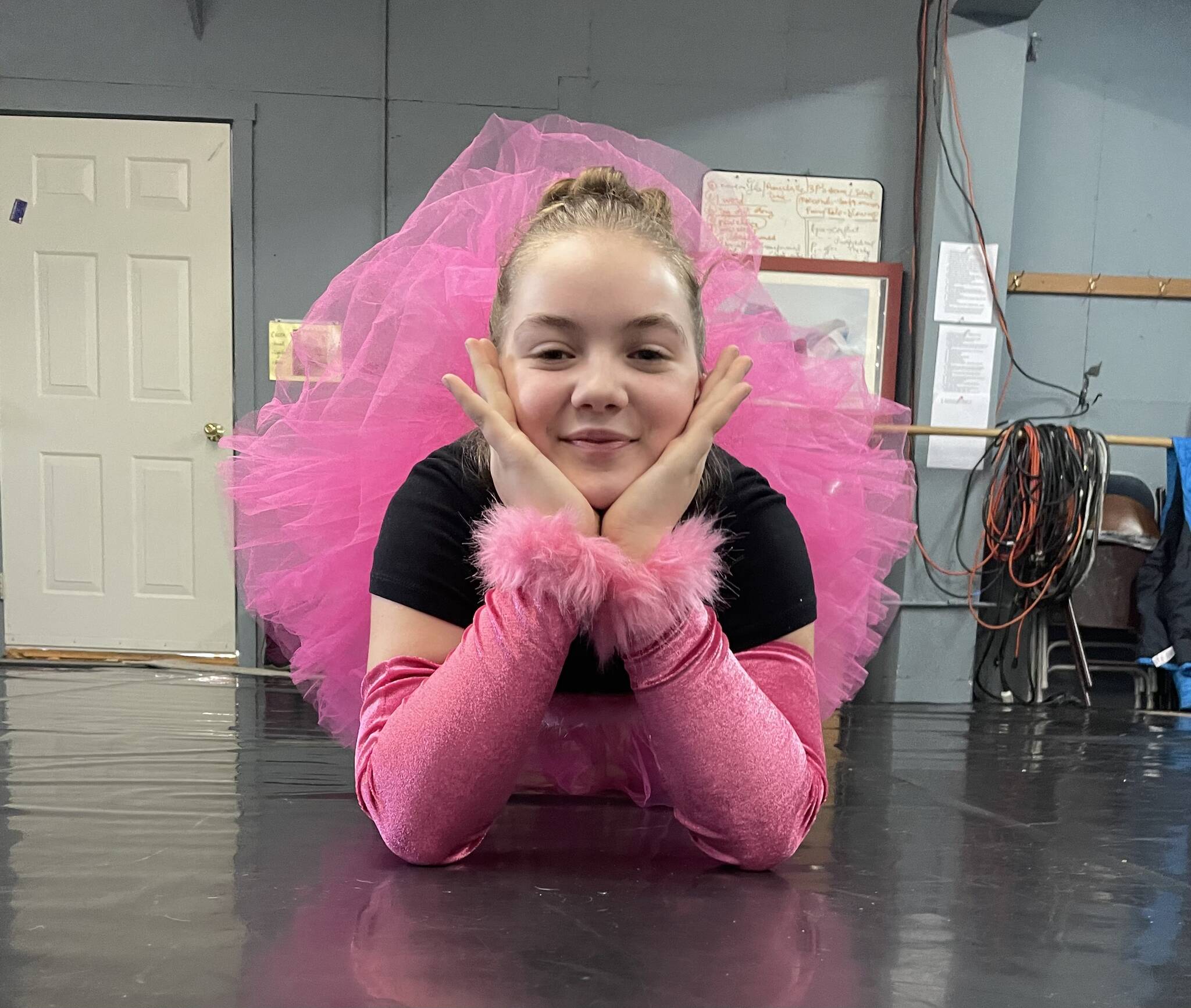 Piper Arno poses in rehearsal as an idiosyncratic flamingo in the Art Barn in Homer, Alaska. Photo provided by Breezy Berryman.