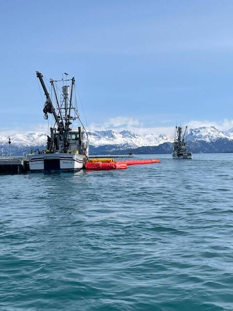 Homer fishing vessels participate in annual Alyeska oil spill response training on Kachemak Bay on Friday<ins>, April 7, 2023</ins>. (Photo by Emilie Springer/Homer News)