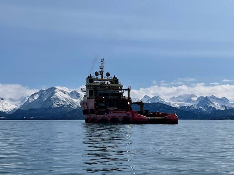Ross Chouest tug supply vessel owned by Edison Chouest Offshore is out on Kachemak Bay to conduct oil spill response trainings with Alyeska, Friday<ins>, April 7, 2023</ins>. (Photo by Emilie Springer/Homer News)