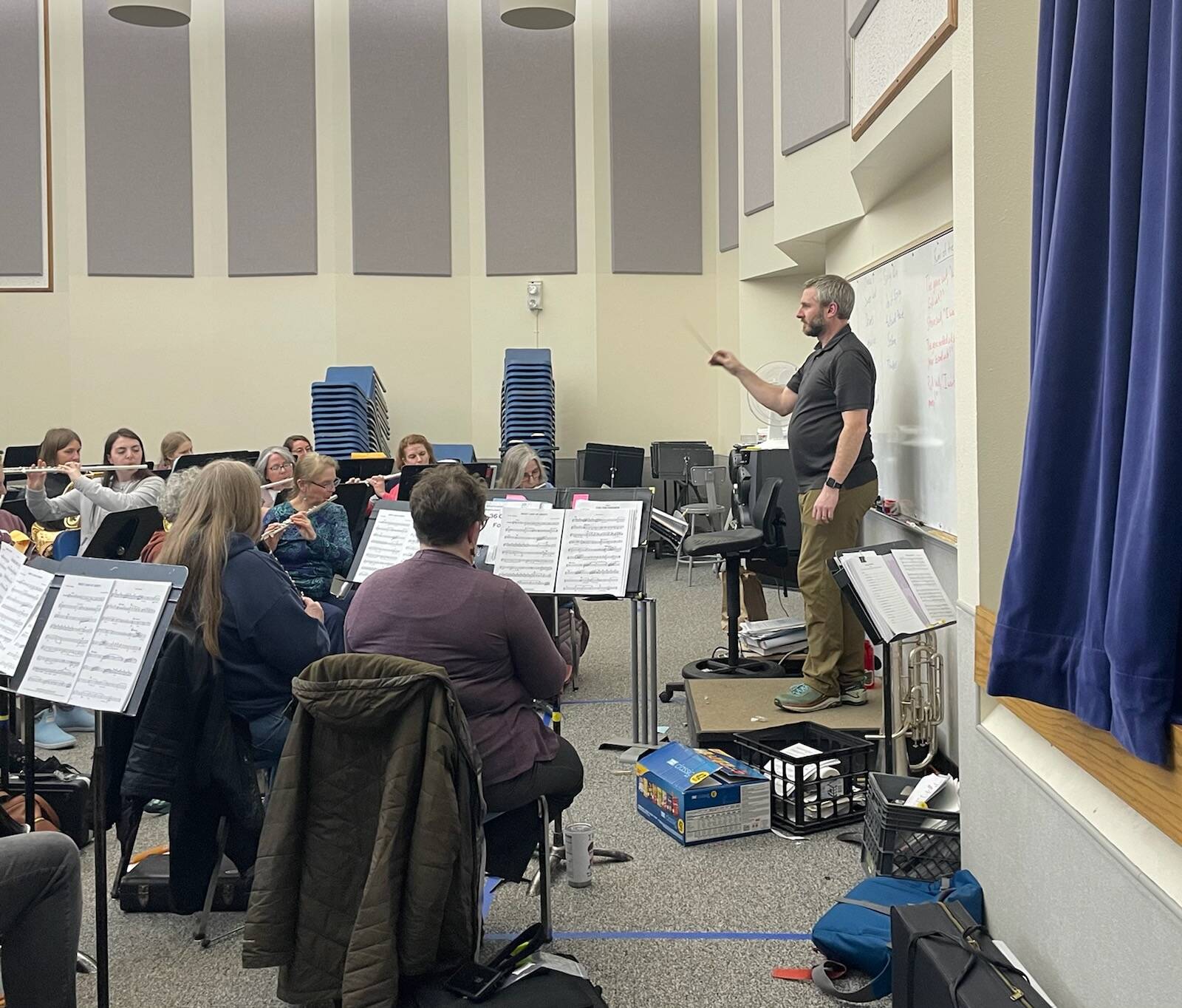 Photo by Emilie Spring/Homer News
Eric Simondsen conducts rehearsal for Inlet Wind community band at Homer High School on April 17.