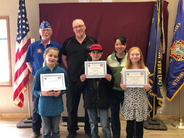 VFW Memorial Post 10221 presents awards to state-level winners of the youth national anthem singing contest on Saturday<ins>, April 22, 2023 in Anchor Point, Alaska</ins>. Photo provided by Jennifer Henley