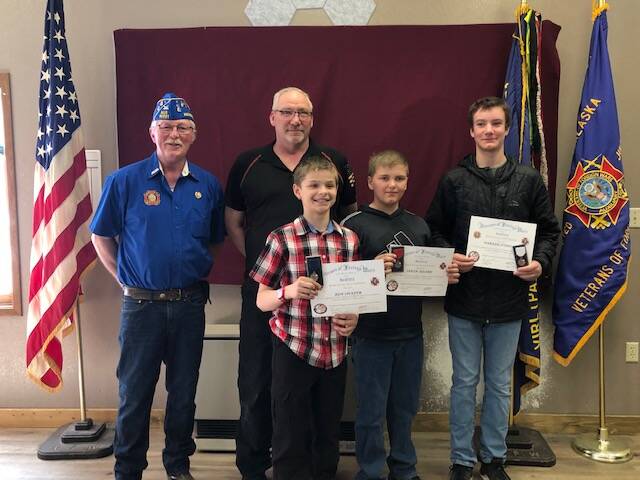 VFW Memorial Post 10221 presents awards to state-level winners of the youth Patriot’s Pen essay contest on Saturday<ins>, April 22, 2023 in Anchor Point, Alaska</ins>. Photo provided by Jennifer Henley