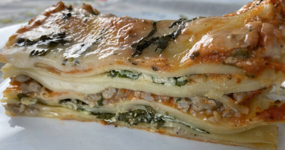 This meat lasagna includes layers of sausage, ricotta, bechamel and spinach. (Photo by Tressa Dale/Peninsula Clarion)