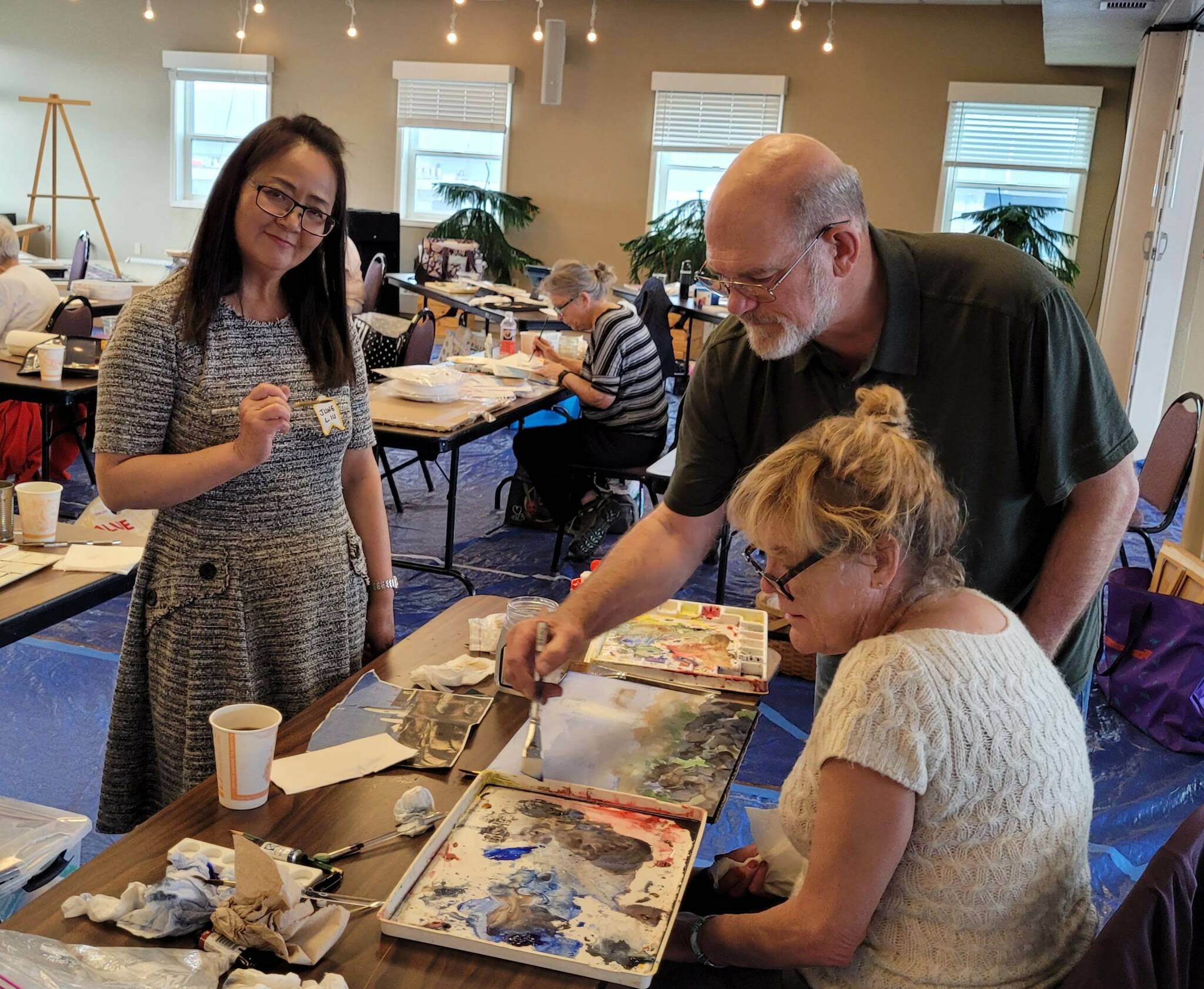 Kachemak Bay Watercolor Society members attend the fall 2022 workshop with Fairbanks painter Vladimir Zhikhartsev at Land’s End Resort. Photo provided by Donna Martin
