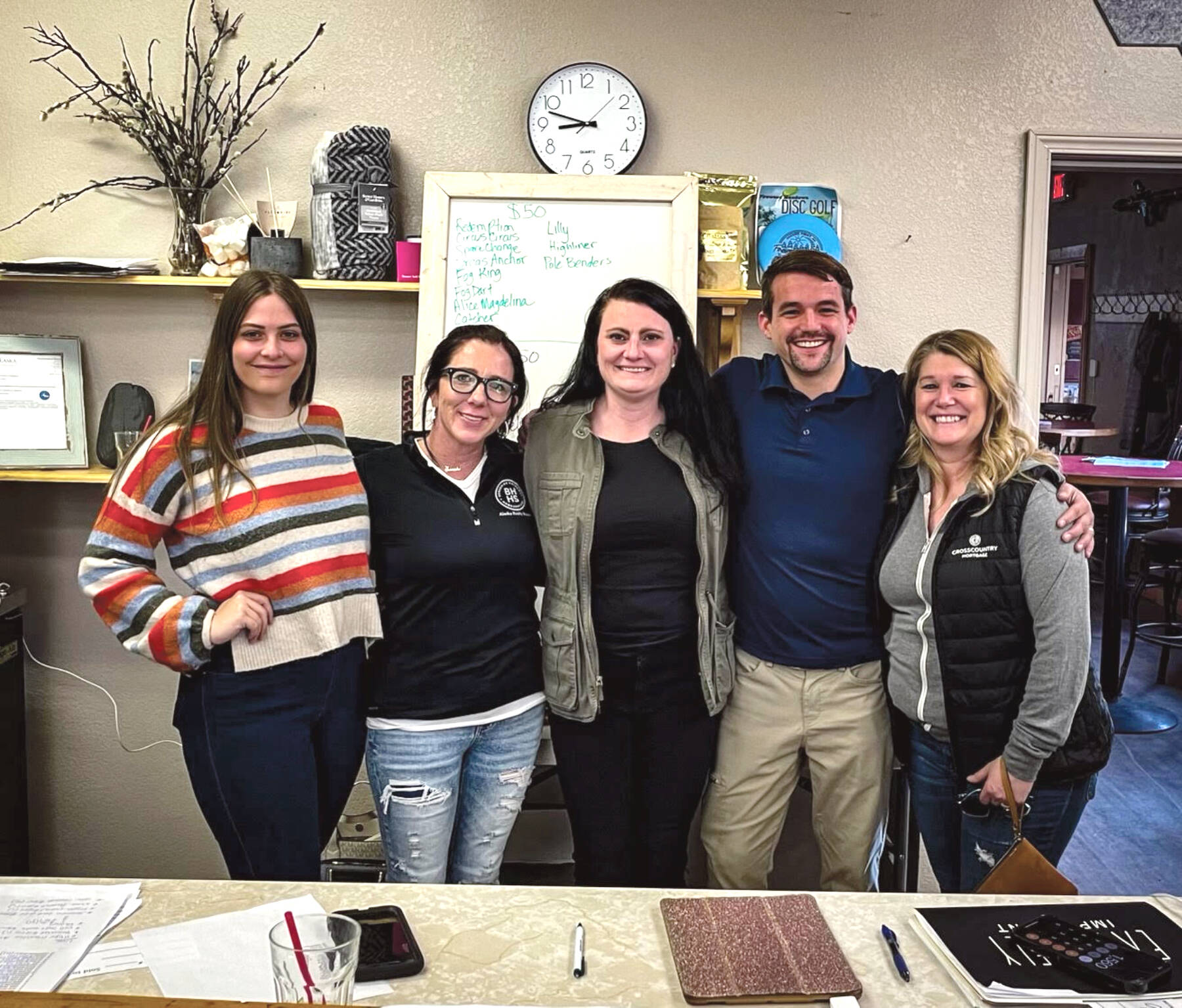 Anchor Point Chamber of Commerce boardmembers celebrate another successful year for the Anchor Point King Salmon Tournament on Saturday, May 6 at the VFW Post 10221 in Anchor Point, Alaska. Pictured left to right: Mcki Needham, Sarah Beller, Erin Jerde, Dawson Slaughter, Shannon Palmer. Photo courtesy of Mcki Needham