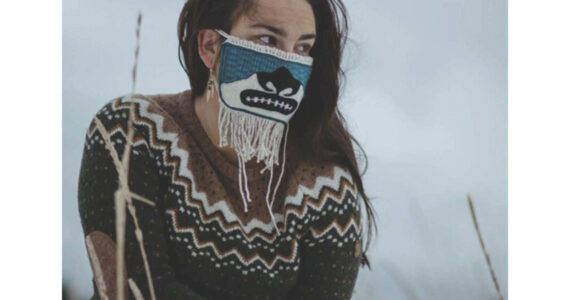 Provided by Asia Freeman, taken by Akagi
A woman wears Sydney Akagi’s art mask in the fall of 2020, in Tlingit Aani, Juneau, Alaska.
