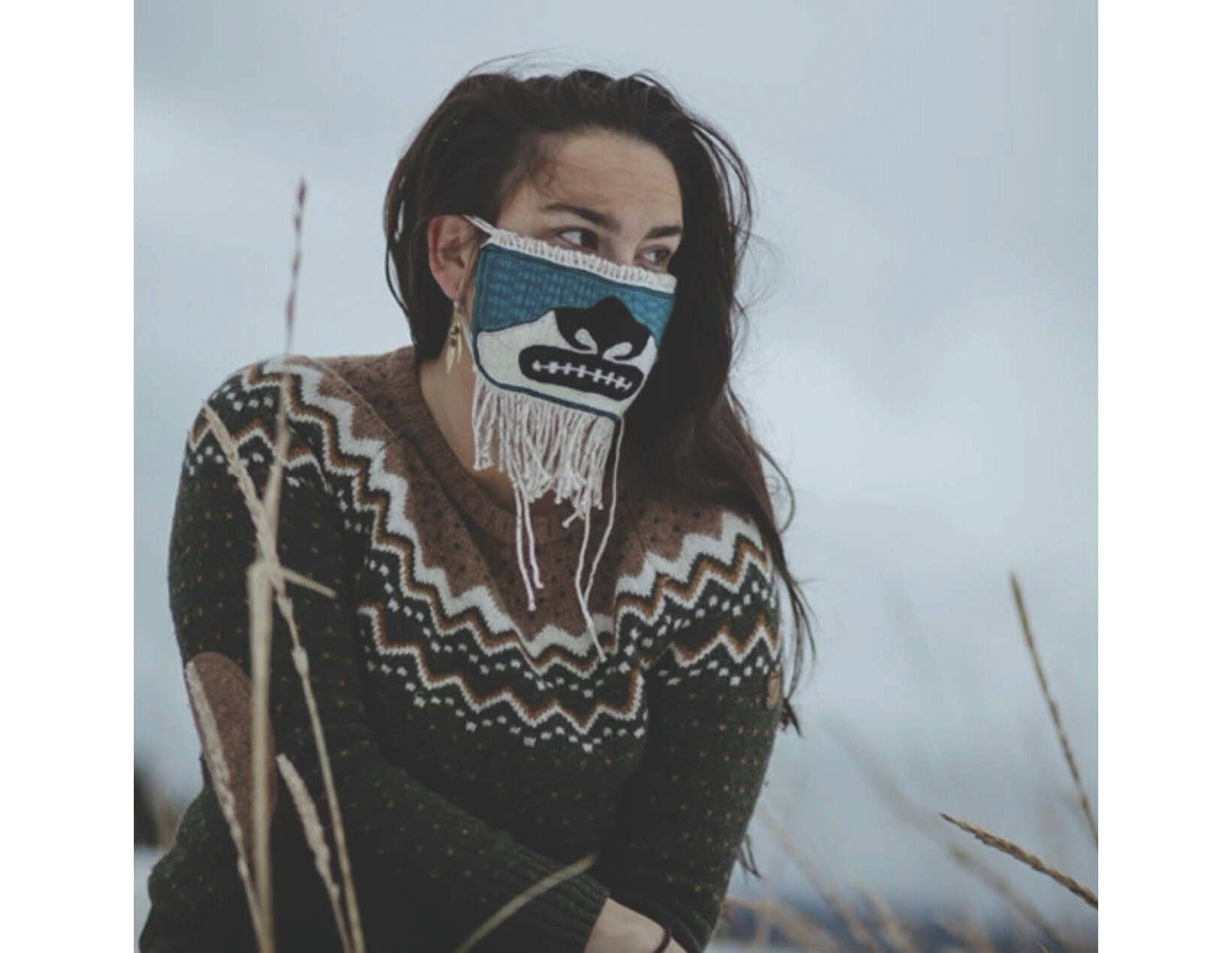 Provided by Asia Freeman, taken by Akagi
A woman wears Sydney Akagi’s art mask in the fall of 2020, in Tlingit Aani, Juneau, Alaska.