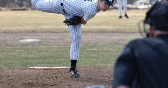 Soldotna’s Andrew Pieh delivers to Wasilla on Saturday, May 13, 2023, at the Soldotna Little League fields in Soldotna, Alaska. (Photo by Jeff Helminiak/Peninsula Clarion)