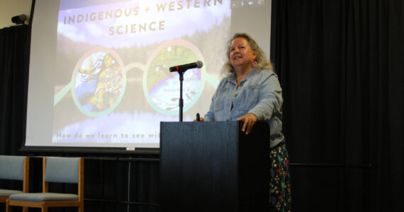 Kachemak Bay Writers’ Conference keynote speaker Robin Wall Kimmerer gives a presentation on Saturday, May 13, 2023 at Kachemak Bay Campus in Homer, Alaska. Photo by Delcenia Cosman