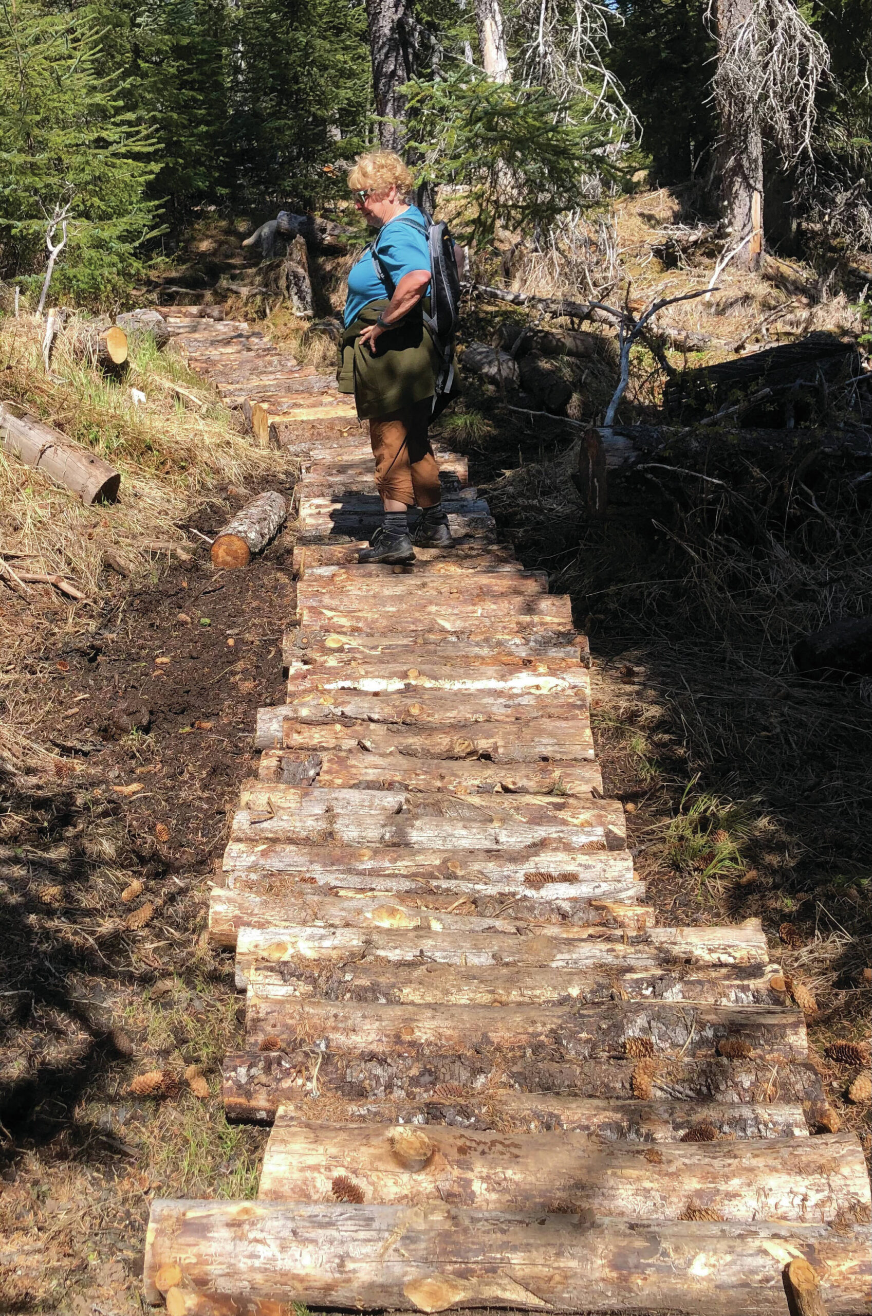 HTA volunteer Deb Oudiz works on new corduroy, first phase of lifting the trail out of the mud, September 2021. (Photo provided by HTA)