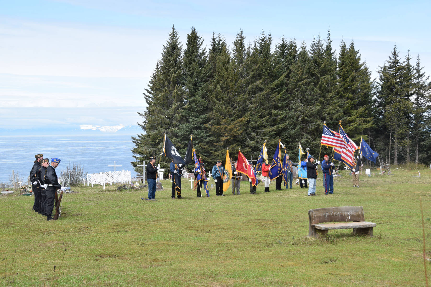 VFW Post 10221 post members and auxiliary members hold a Memorial Day service at the Anchor Point Kallman Cemetery on Monday, May 29, 2023 in Anchor Point, Alaska. (Delcenia Cosman/Homer News)