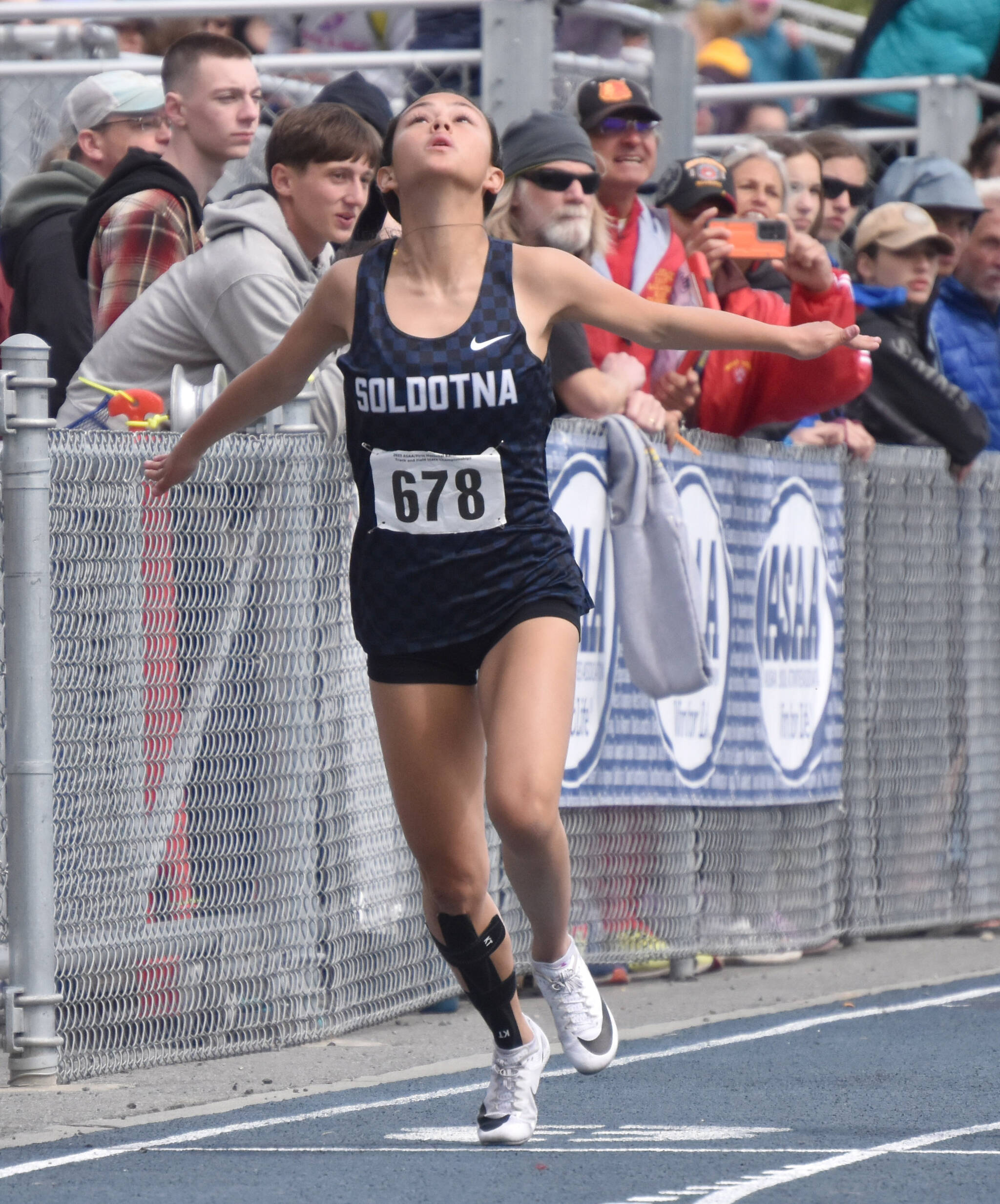 Soldotna’s Emma Glassmaker finishes fourth in the Division I 100 meters Saturday, May 27, 2023, at the state track and field meet in Palmer, Alaska. (Photo by Jeff Helminiak/Peninsula Clarion)