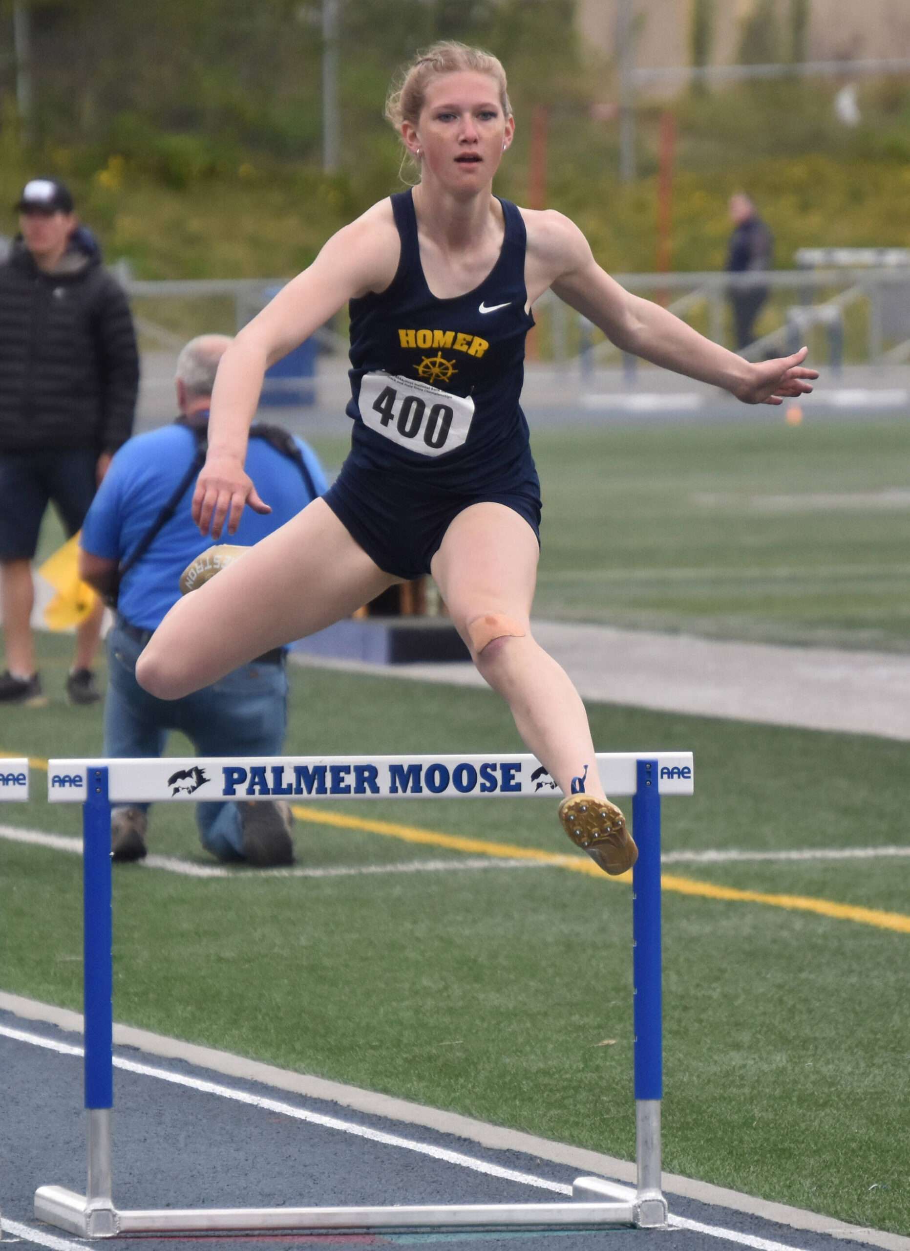 Homer’s Gracie Miotke wins the Division II 300-meter hurdles Saturday, May 27, 2023, at the state track and field meet at Palmer High School in Palmer, Alaska.