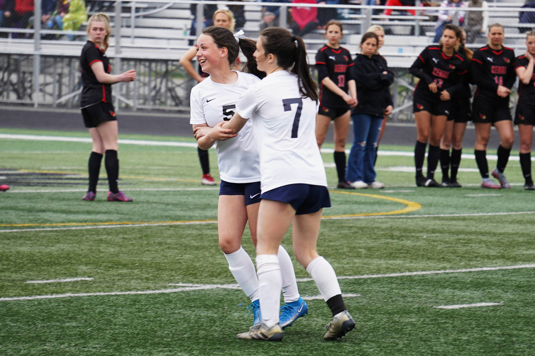 Soldotna’s Piper Bloom celebrates with Bay Bloom after Bay scored a goal during the Division II Soccer State Championship on Saturday, May 27, 2023, at West Anchorage High School in Anchorage, Alaska. (Jake Dye/Peninsula Clarion)