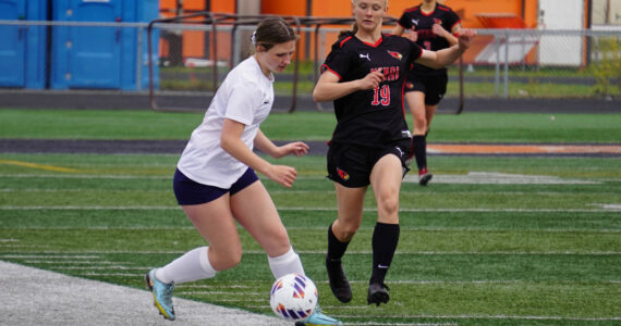 Photos by Jake Dye/Peninsula Clarion
Soldotna’s Anika Jedlicka battles for the ball with Kenai Central’s Rylie Sparks during the Division II Soccer State Championship on Saturday, May 27, 2023, at West Anchorage High School in Anchorage, Alaska.