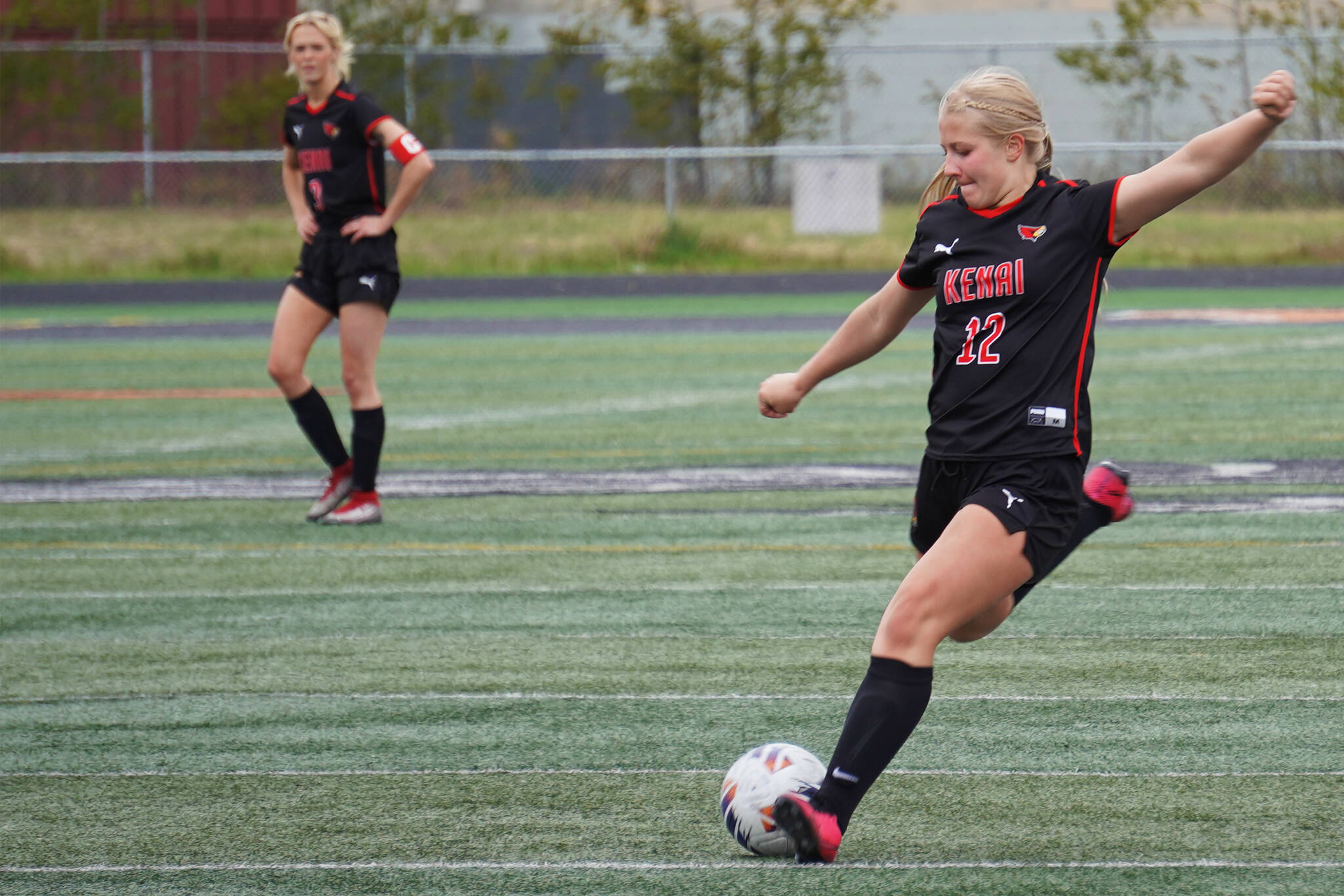 Kenai Central’s Kate Wisnewski prepares for a big kick during the Division II Soccer State Championship on Saturday, May 27, 2023, at West Anchorage High School in Anchorage, Alaska. (Jake Dye/Peninsula Clarion)