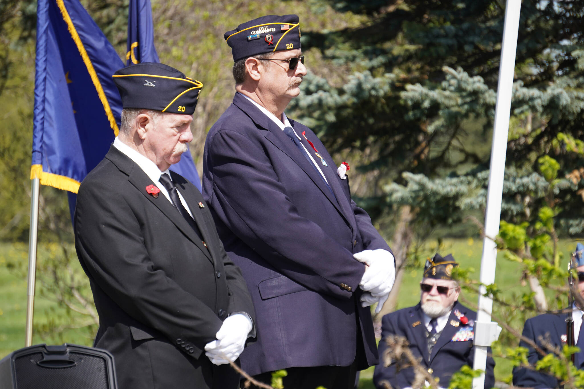 American Legion Post 20 Chaplain Mike Meredith and Past Cmdr. David Segura stand during a Memorial Day ceremony on Monday, May 29, 2023, at Leif Hanson Memorial Park in Kenai, Alaska. (Jake Dye/Peninsula Clarion)