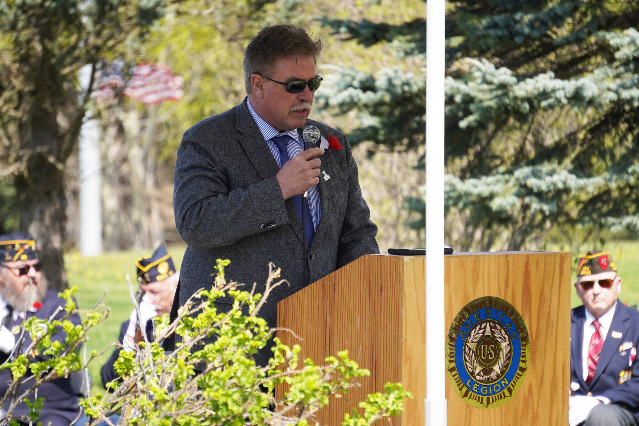 City of Kenai Mayor Brian Gabriel speaks during a Memorial Day ceremony on Monday, May 29, 2023, at Leif Hanson Memorial Park in Kenai, Alaska. (Jake Dye/Peninsula Clarion)