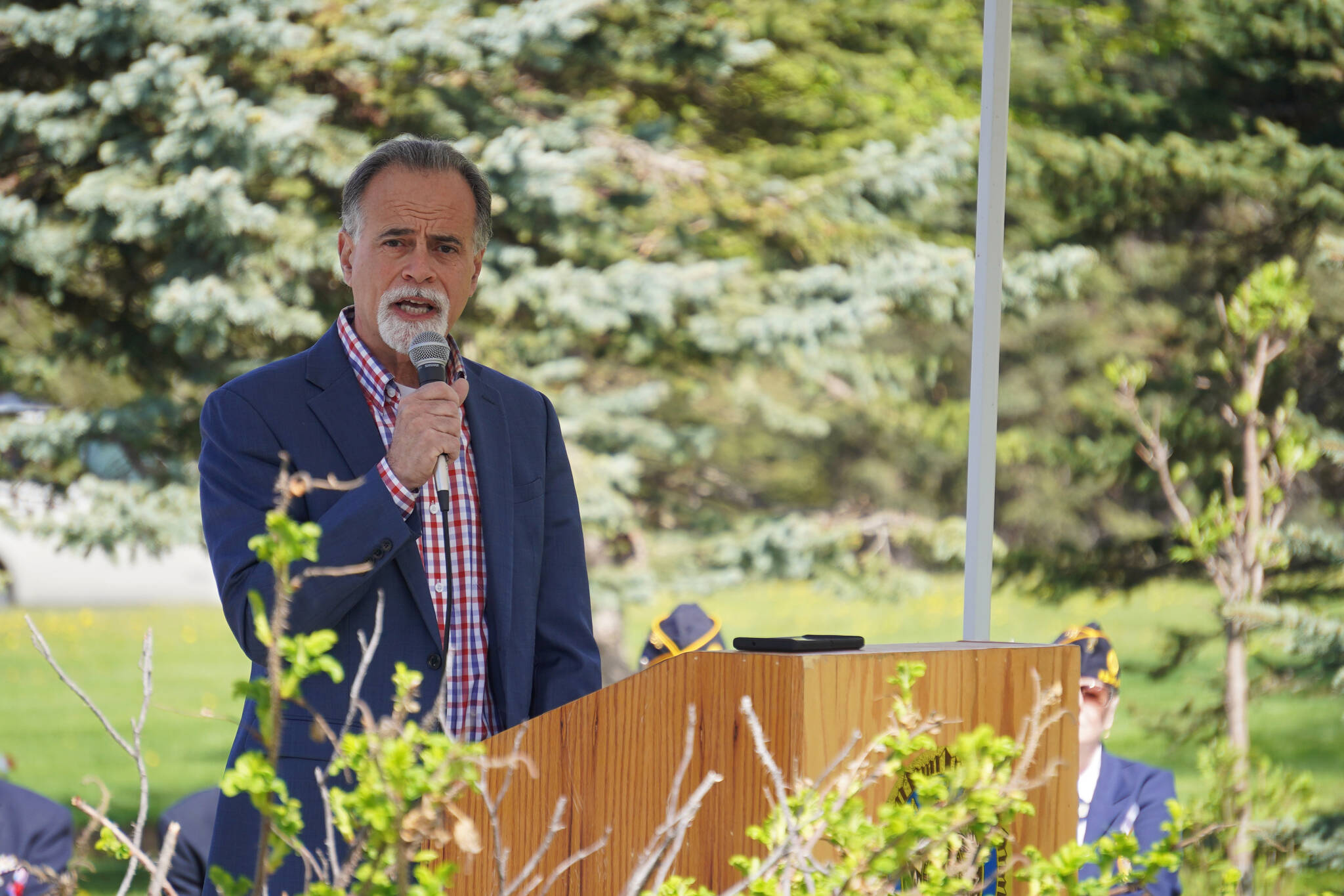Kenai Peninsula Borough Mayor Peter Micciche speaks during a Memorial Day ceremony on Monday, May 29, 2023, at Leif Hanson Memorial Park in Kenai, Alaska. (Jake Dye/Peninsula Clarion)