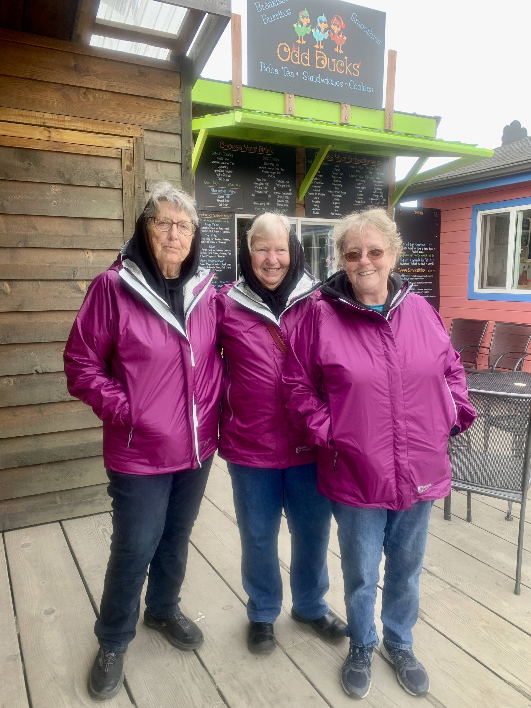 Former longtime community member Pat Melone (left), now living in Port Angeles, Washington, visited the Homer Spit on Friday, June 2, 2023 with friends Cheryl McCurdy and Chris Johnson from her new community. Photo by Christina Whiting