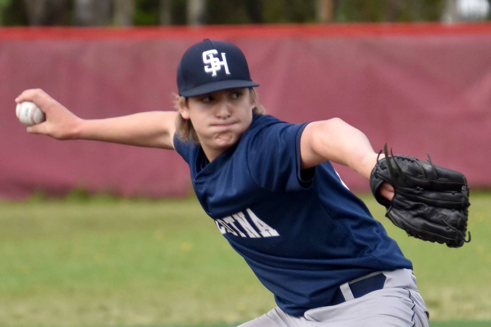Soldotna's Trenton Ohnemus delivers to Kenai Central in the Division II state championship game Saturday, June 4, 2023, at Wasilla High School in Wasilla, Alaska. (Photo by Jeff Helminiak/Peninsula Clarion)
