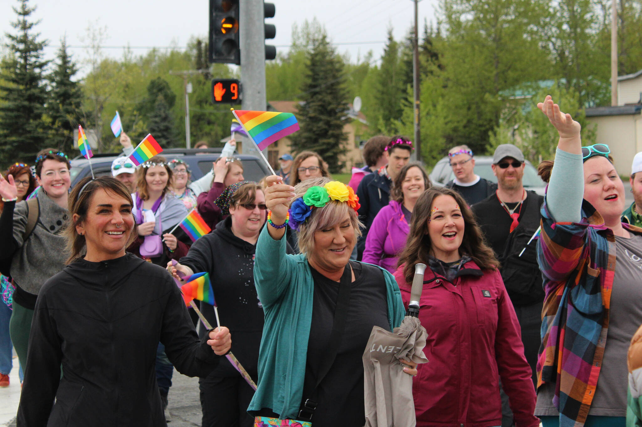 Marchers arrive at Soldotna Creek Park as part of Soldotna Pride in the Park on Saturday, June 3, 2023 in Soldotna, Alaska. (Ashlyn O'Hara/Peninsula Clarion)