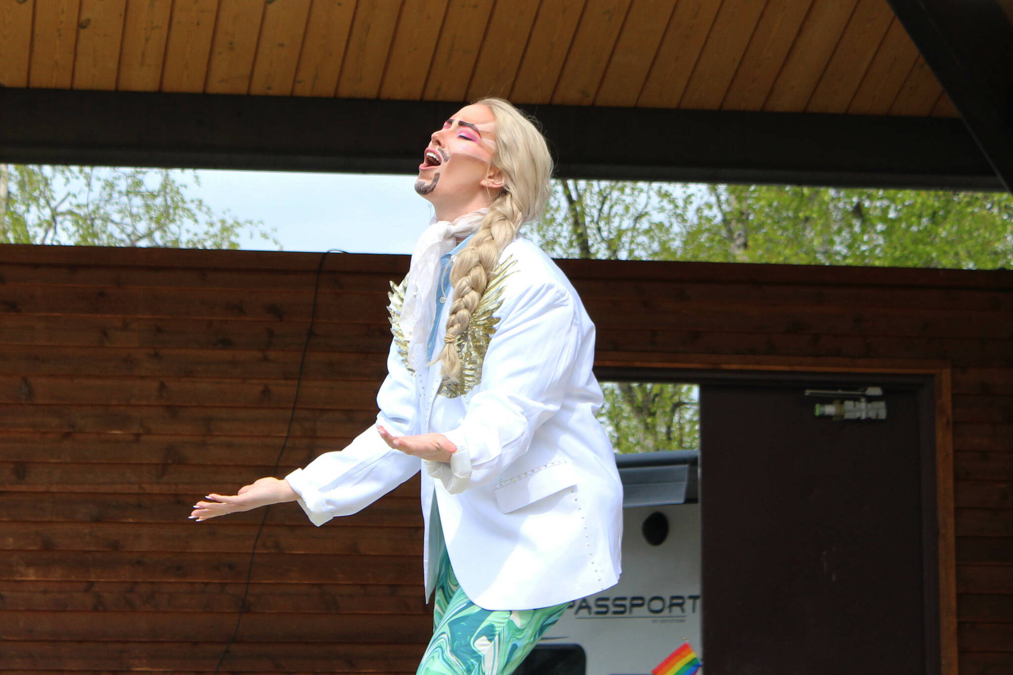 Drag performer Jasper Dragful performs “Into the Unknown” during a performance at Soldotna Creek Park on Saturday, June 3, 2023 in Soldotna, Alaska. (Ashlyn O’Hara/Peninsula Clarion)