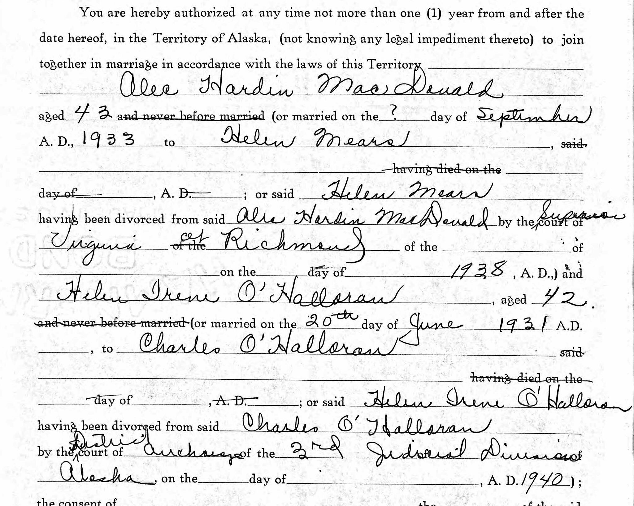 This portion of the August 1943 marriage license for Alec Hardin MacDonald and Helen Irene O’Halloran reveals that MacDonald claimed to have been previously married in 1933 to Helen Mears and to have divorced her in Richmond, Virginia, in 1938. Although the name of his former spouse and the location of his divorce were accurate, neither the marriage date or the divorce date were true.