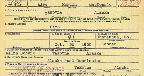 When Takotna resident Alec MacDonald registered in February 1942 for the military draft, he falsely claimed to have been born in 1900 in Chautauqua County, Kansas.