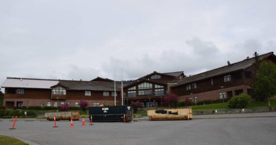 Replacement of the Homer High School roof is being conducted on Saturday, June 24, 2023 in Homer, Alaska. One of many deferred maintenance projects related to Kenai Peninsula Borough schools, the roof repairs were slated to begin this summer. (Delcenia Cosman/Homer News)