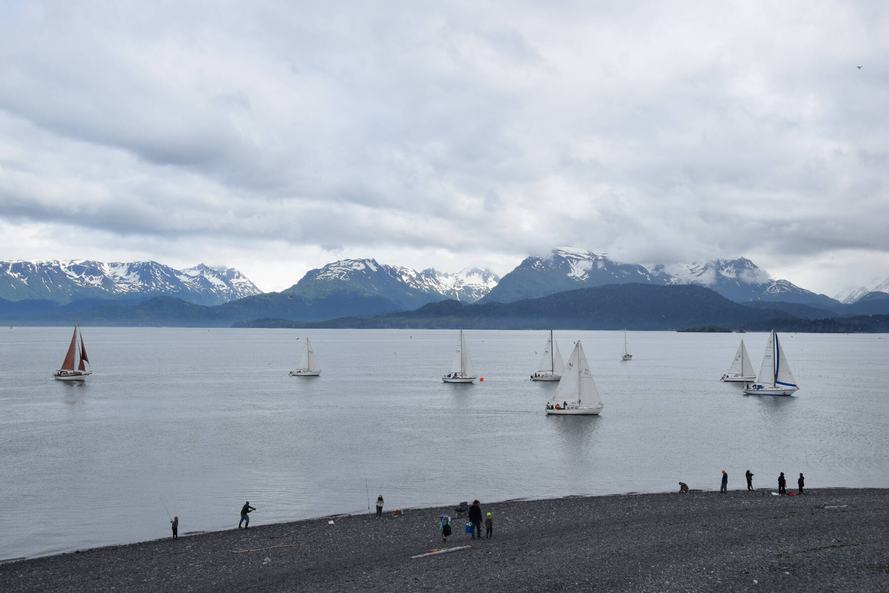 Members of the Homer Yacht Club start the course set for the Homer Yacht Club Regatta on Saturday, June 26, 2023 in the Kachemak Bay below Land’s End Resort in Homer, Alaska. This is the 26th year the club has been conducting regattas in Homer. (Delcenia Cosman/Homer News)