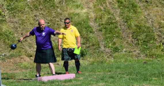 A Kachemak Bay Highland Games participant prepares to throw a weight for distance on Saturday, July 1, 2023 at Karen Hornaday Park in Homer, Alaska. (Delcenia Cosman/Homer News)