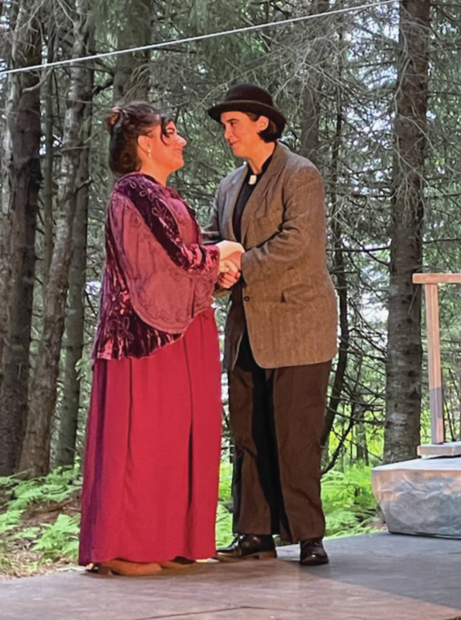 Photos by Emilie Springer/ Homer News
Cristen San Roman and Regi Johanos perform in “Maud of the Island” on the Pratt Museum’s forest stage in Homer on June 29.