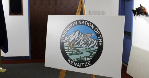 A sign displays the logo of the Kenaitze Indian Tribe at the Kenai Chamber of Commerce on Wednesday, July 7, 2021 in Kenai, Alaska. (Ashlyn O’Hara/Peninsula Clarion)