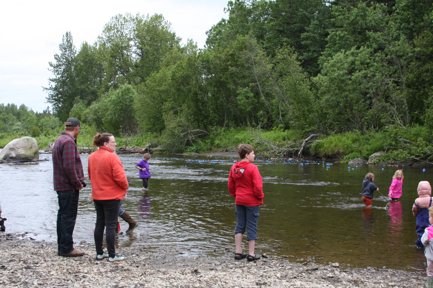 Community members watch ducks, run down the Anchor River during the Fourth of July Duck Race on Sunday, July 2, 2023 in Anchor Point, Alaska. (Delcenia Cosman/Homer News)